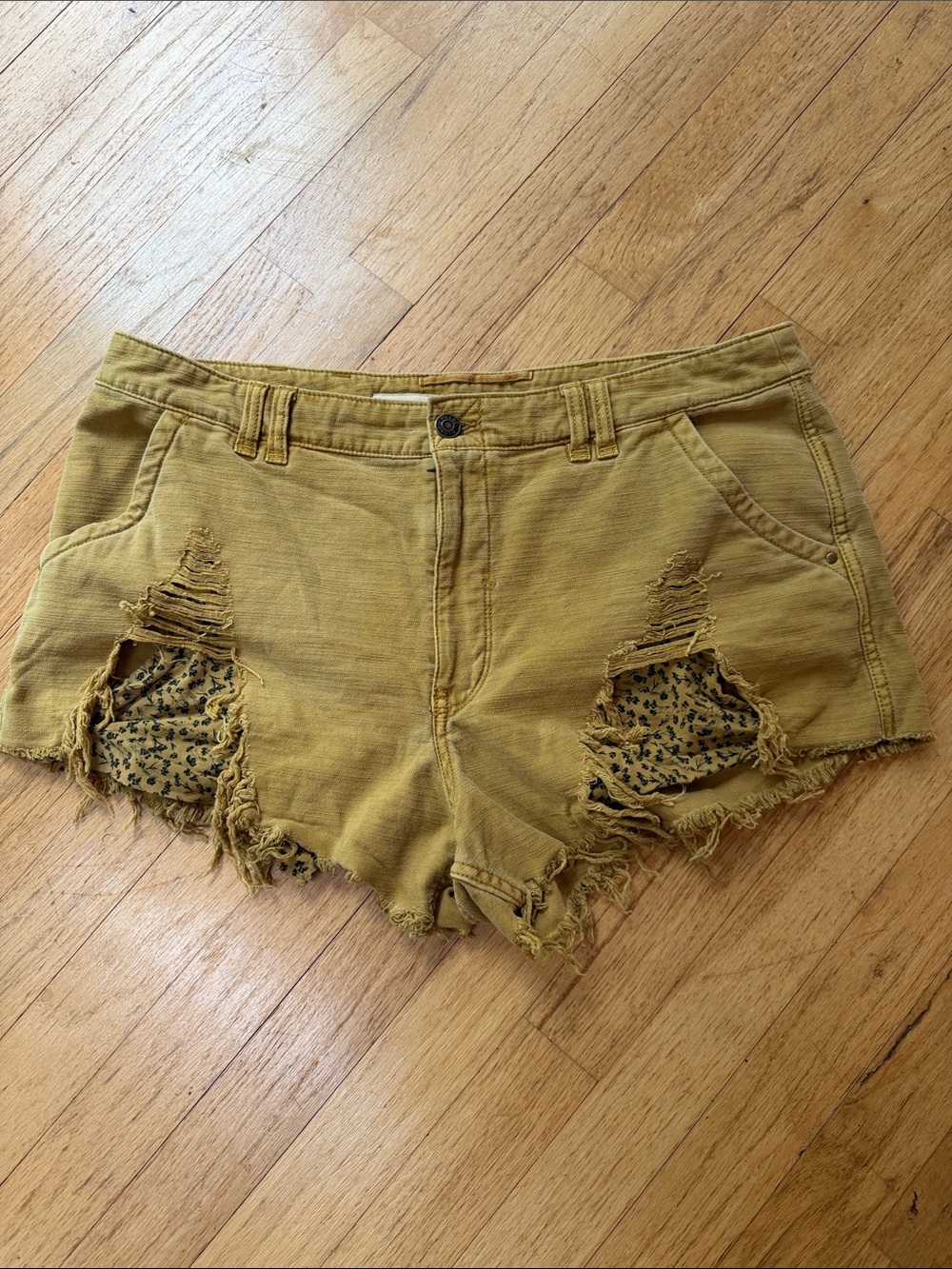 Pilcro Anthropologie Mustard Distressed Denim Shorts with Floral Fabric